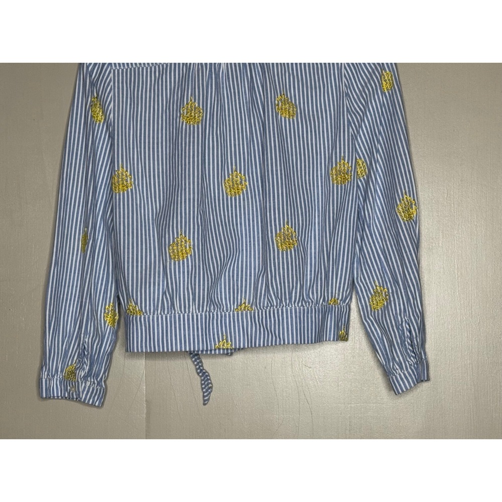 J.Crew Blue White Striped Pineapple Embroidered Wrap Tie Blouse Top Mens Medium - Picture 8 of 10